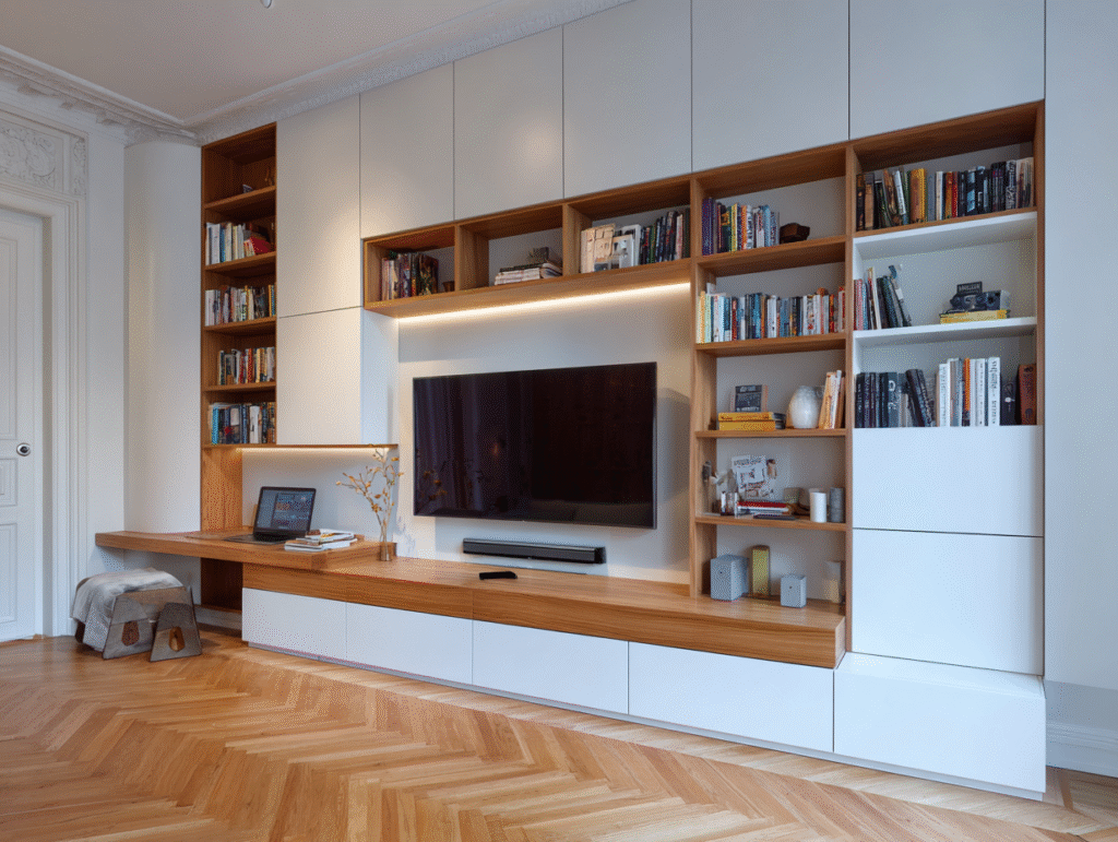 Namještaj po mjeri - moderan dnevni boravak s elementima za televizor i knjige u Zagrebu