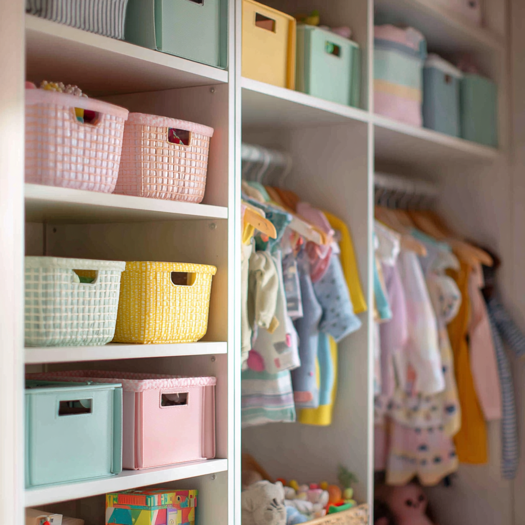 Ormar za dječju sobu sa policama i košaricama te odjećom.