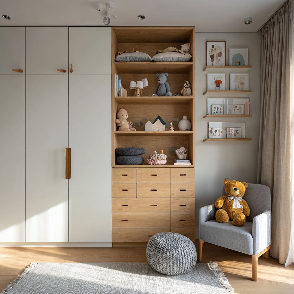 Ormari za dječju sobu u Zagrebu. Igračke su na policama.